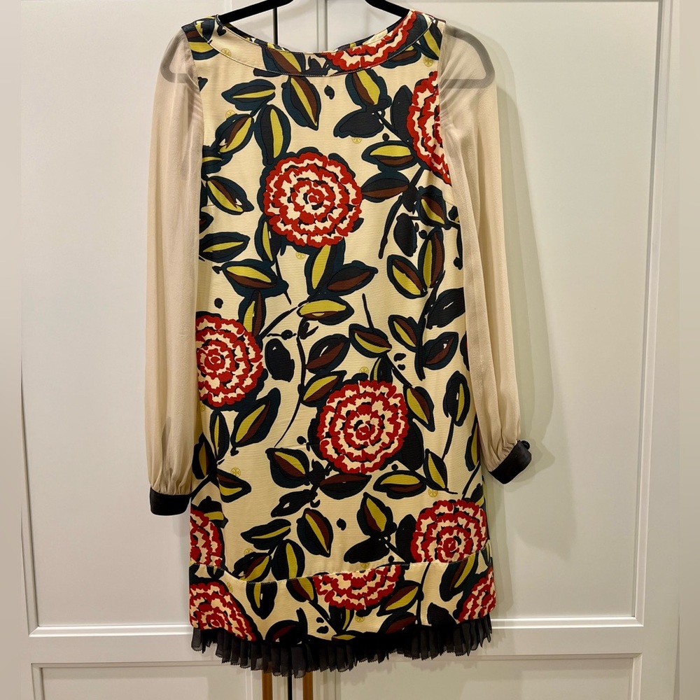 Tory Burch floral sheath mini dress with sheer, silk sleeves, size 2, EUC